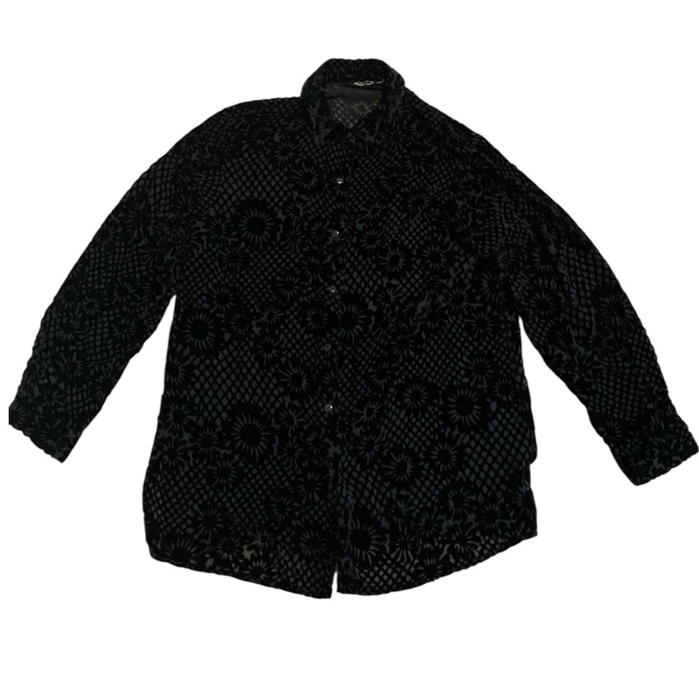 Vintage Black Velvet Burnout Floral Grid Button Down Blouse Top - Oversized